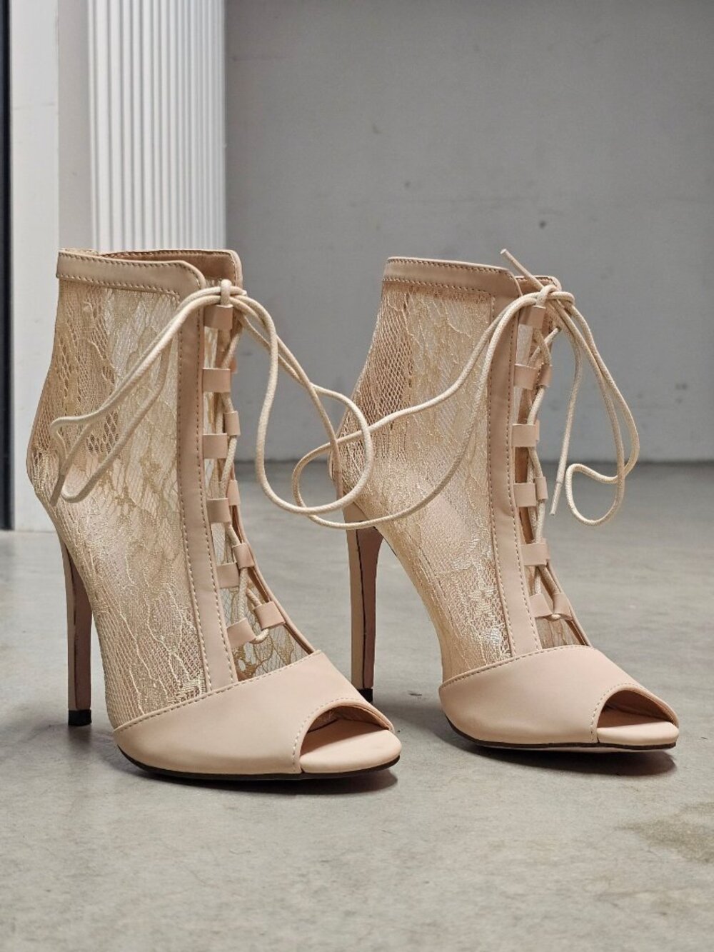 Peep Toe Lace-Up Stiletto Booties With Sheer Lace Panels Nude Beige High Heel An